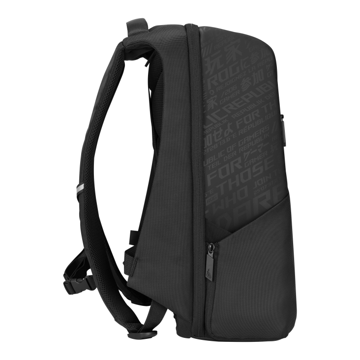 ROG Ranger Gaming Backpack 16_Side view of the ROG Ranger Gaming Backpack 16 with cybertext design and side-mounted collars visible