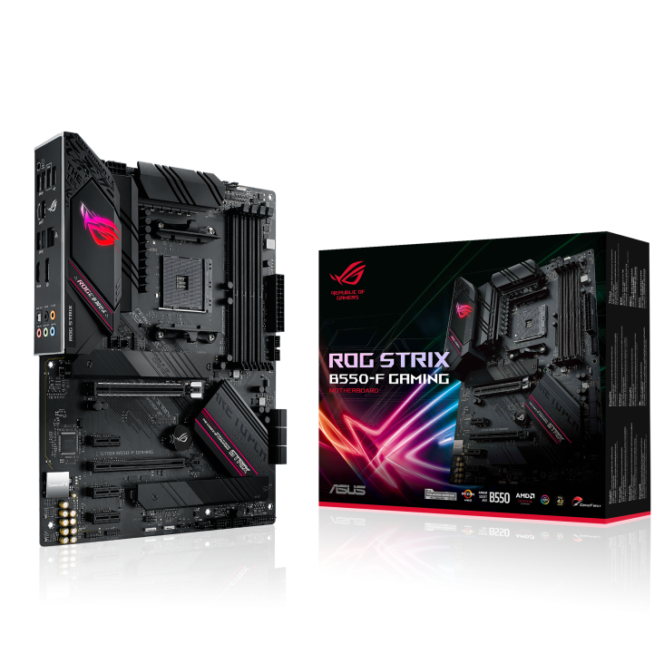 ROG STRIX B550-F GAMING angled view from left with the box
