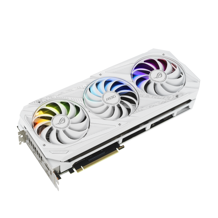 ROG-STRIX-RTX3090-O24G-WHITE graphics card, front angled view