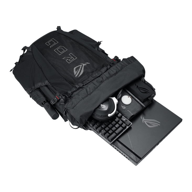 ROG Archer ErgoAir Gaming Backpack unfolded to reveal compartments for a laptop, keyboard, mouse, and headset