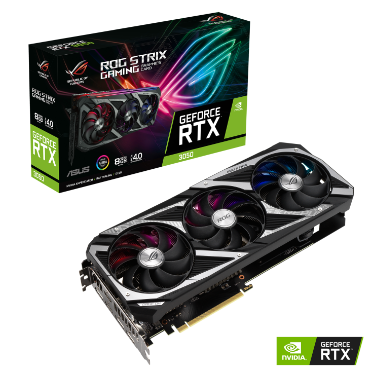 ROG Strix GeForce RTX™ 3050 graphics card and packaging with NVIDIA logo