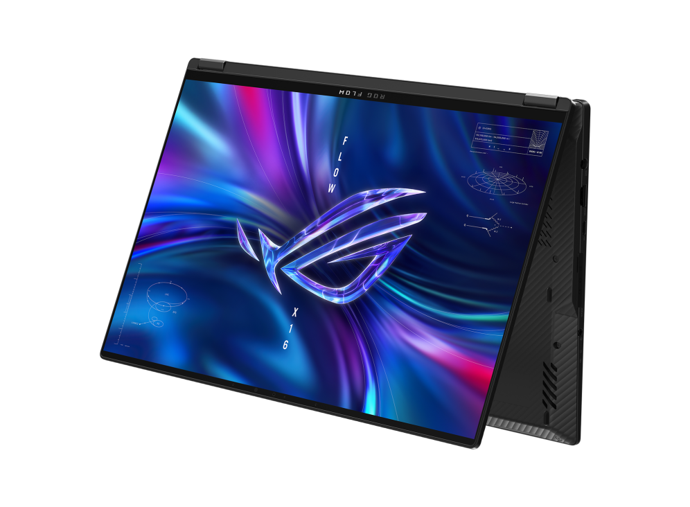 ROG Flow X16, with the lid flipped over 270° in tent mode and the ROG "Fearless Eye" logo on screen.