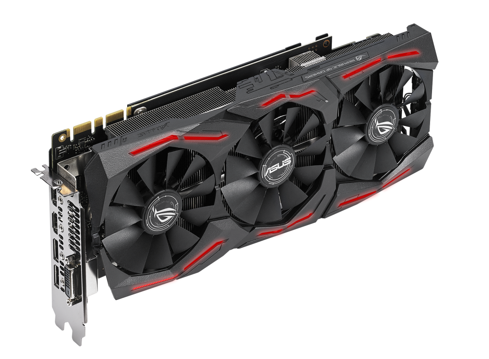 ROG-STRIX-GTX1070TI-A8G-GAMING graphics card, angled top down view, highlighting the fans, ARGB element, and I/O ports