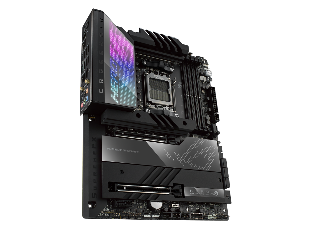 ROG CROSSHAIR X670E HERO angled view from left