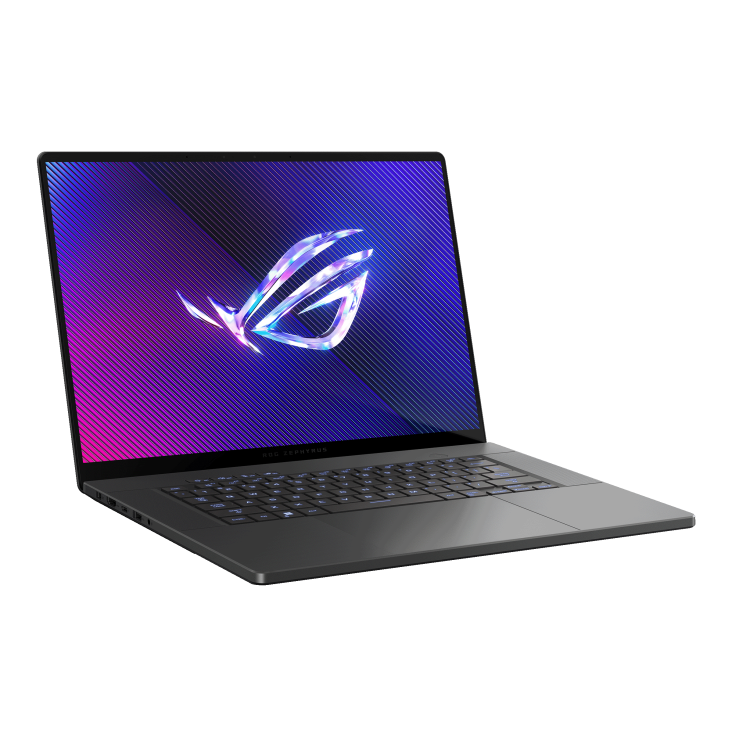 Off center shot of the front of the Zephyrus G16, with the ROG Fearless Eye logo on screen