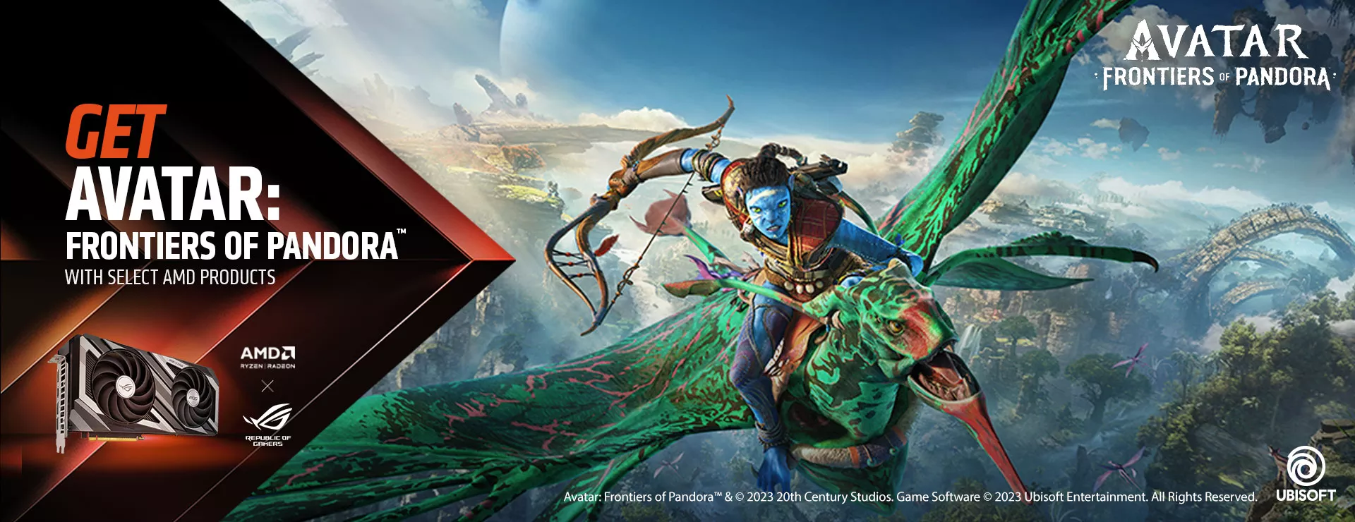 Avatar: Frontiers of Pandora game main theme image with ROG Strix Radeon graphics card