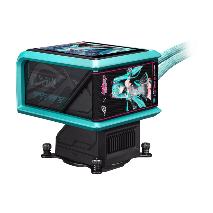 Angled side view of the ROG Ryuo IV 360 ARGB Miku Edition waterblock, showcasing the Miku artwork and teal frame