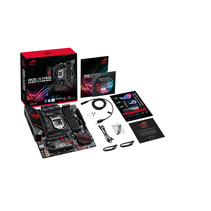 ROG STRIX B460-G GAMING top view with what’s inside the box