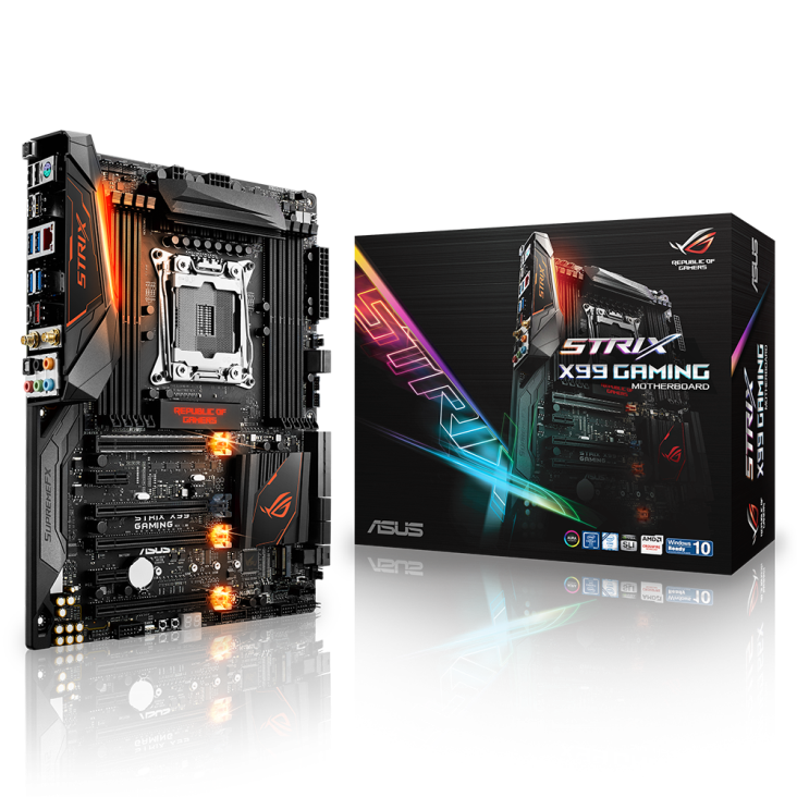ROG STRIX X99 GAMING angled view from left with the box