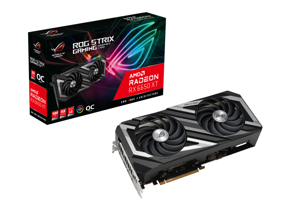 OG Strix Radeon™ RX 6650 XT OC Edition graphics card, packaging and graphics card