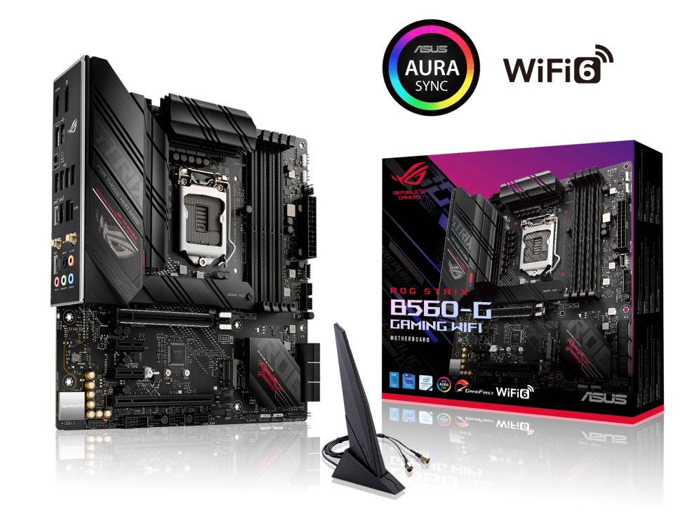 ROG STRIX B560-G GAMING WIFI angled view from left with the box and Aura Sync