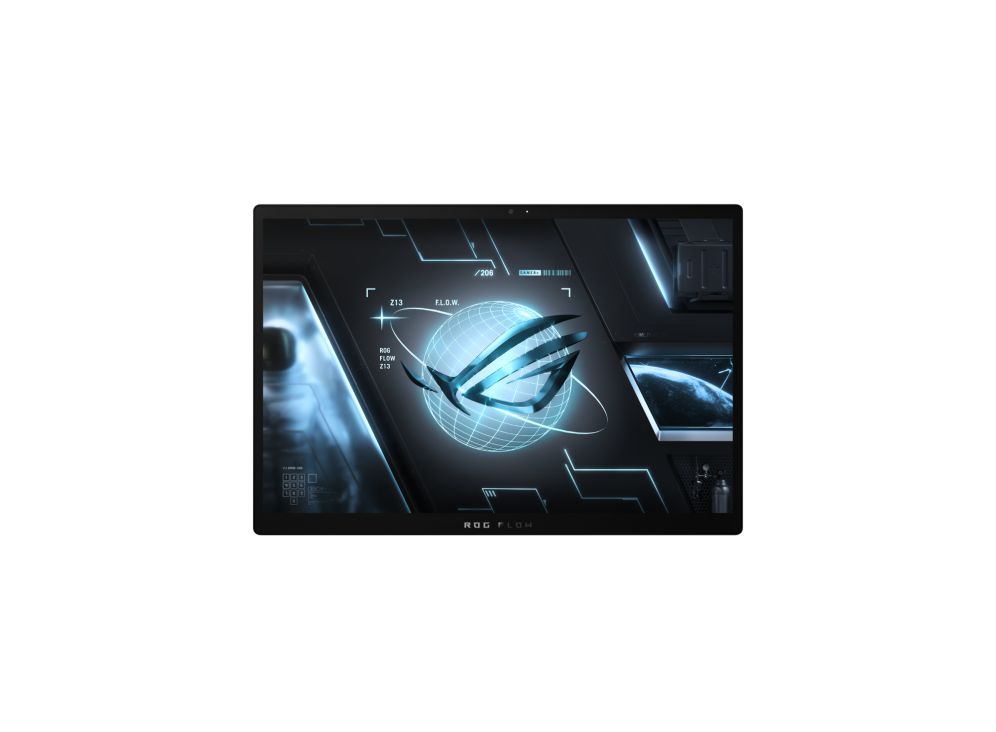 Top down view of the Flow Z13 in tablet mode, with the ROG logo on screen.