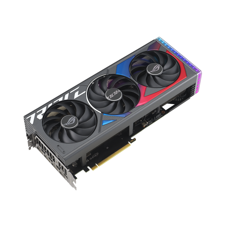 ROG STRIX GeForce RTX 4060 Ti 16GB 45 degree top-down view with focus on bottom side