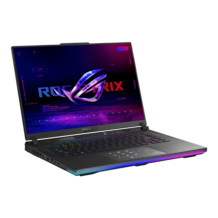 shot of the front of the Strix SCAR 16, with the ROG Fearless Eye logo on screen
