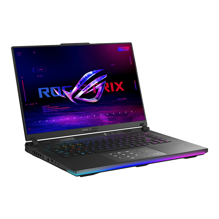 Strix SCAR 16正面的鏡頭，螢幕上顯示 ROG 無懼之眼標誌