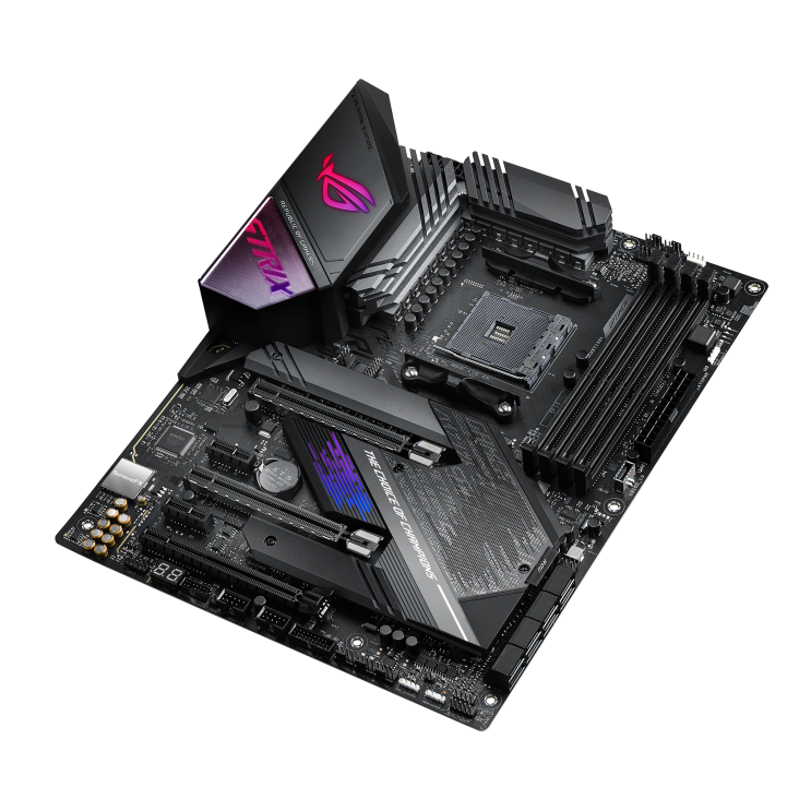 ROG Strix X570-E Gaming top and angled view from right