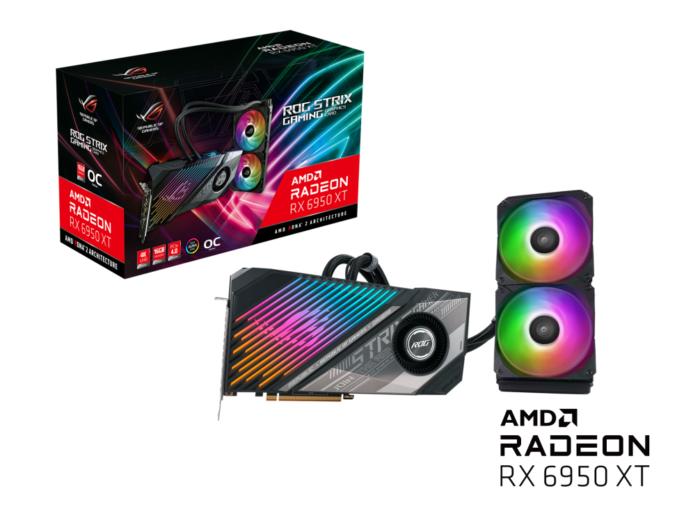 ROG Strix LC Radeon RX 6950 XT packaging and graphics card with AMD logo
