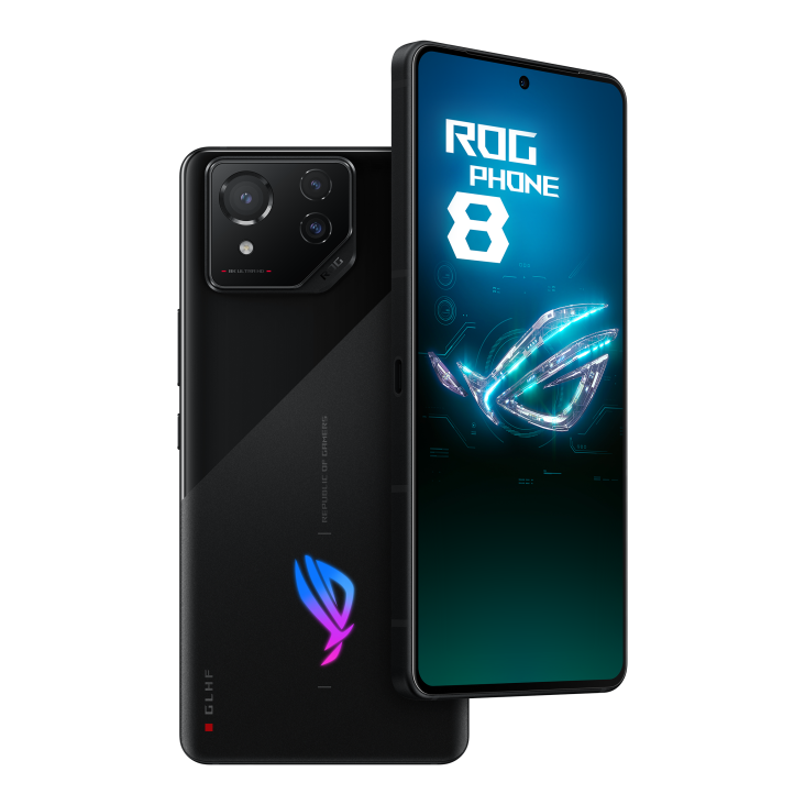 ROG Phone 8 in Phantom Black angled view from front and the other ROG Phone 8 in Phantom Black angled view from back, tilting at 45 degrees