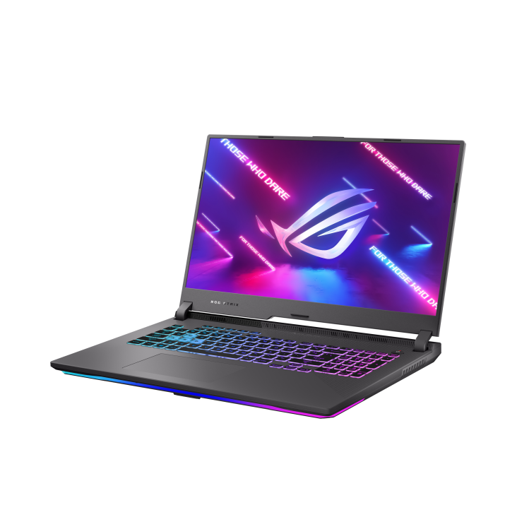 Off center front view of the Eclipse Gray ROG Strix G17, with the ROG logo on screen and keyboard illuminated.
