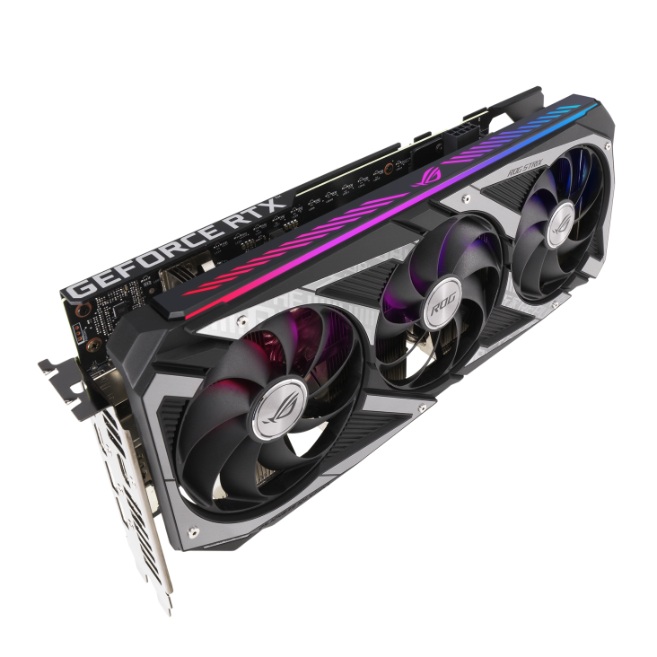 ROG-STRIX-RTX3060-O12G-V2-GAMING graphics card, angled top down view, highlighting the fans, ARGB element,