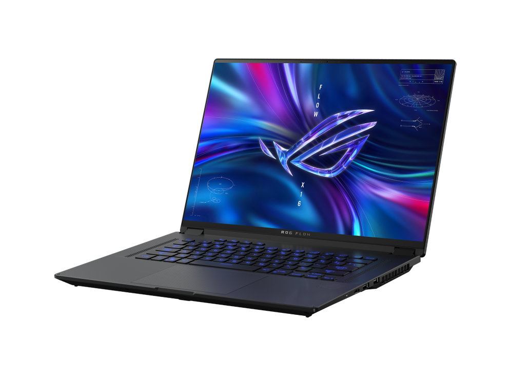 Off center shot of the front of the Flow X16 with ROG Fearless Eye logo on screen