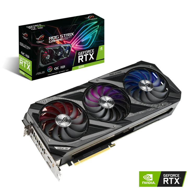 ROG-STRIX-RTX3090-O24G-GAMING graphics card and packaging with NVIDIA logo