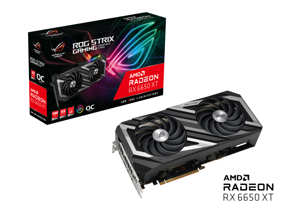 OG Strix Radeon™ RX 6650 XT OC Edition graphics card, packaging and graphics card with AMD Logo