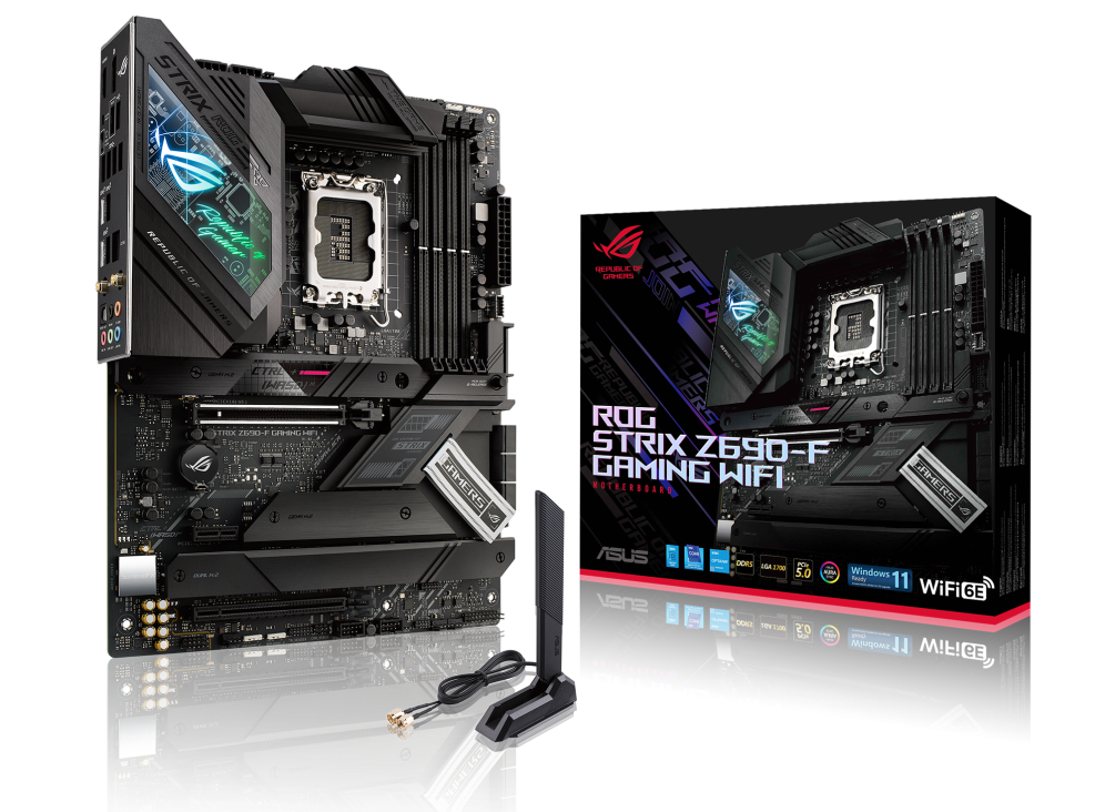 ROG STRIX Z690-F GAMING WIFI angled view from left with the box