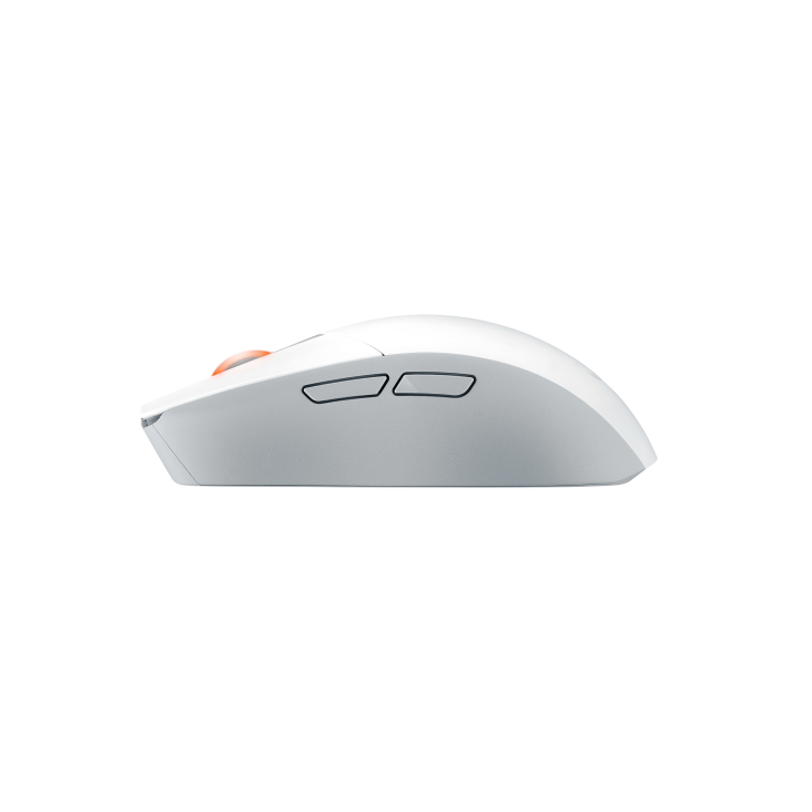 A side view of the ROG Strix Impact III Wireless in moonlight white, showing its side buttons