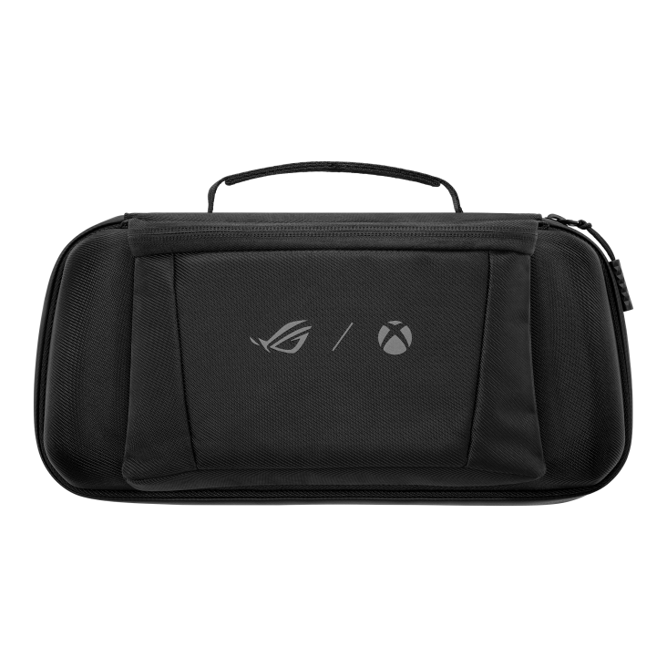 A black carrying case with ROG and Xbox logos on the front