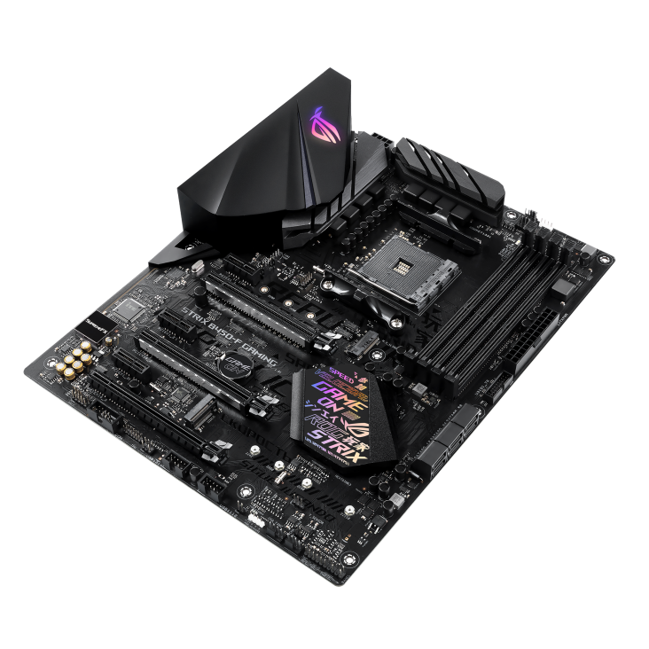 ROG STRIX B450-F GAMING top and angled view from right