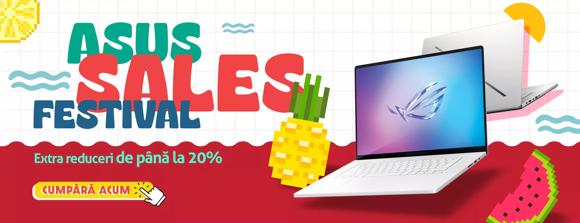 Reducere de pana la 20%, doua laptopuri rog zephyrus spate in spate, deschise, vazute din unghi pe diagonala pe un fundal tematic cu elemente de vara.