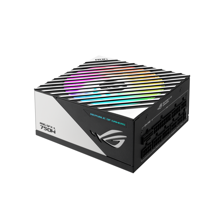 Front side angle of ROG Loki SFX-L 750W Platinum with rainbow lighting effect