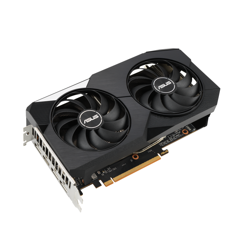 ASUS Dual AMD Radeon RX 6600 graphics card, front angled view, highlighting the fans, I/O ports