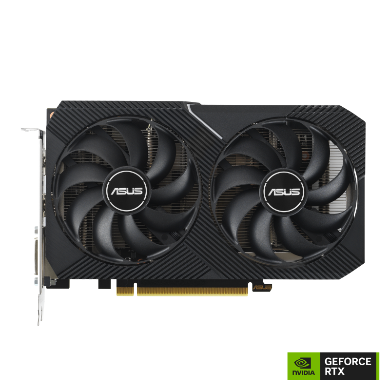 Front view of the ASUS Dual GeForce RTX 3050 SI V2 graphics card with NVIDIA logo