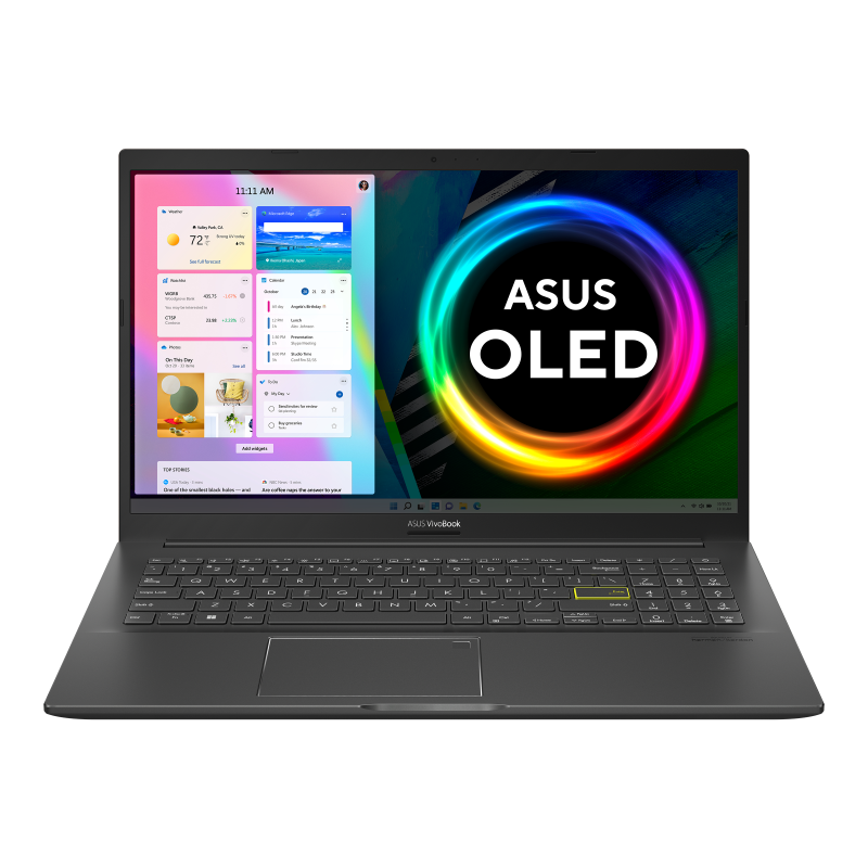 Black Vivobook 15 OLED K513 (11th gen intel) display the 45-degree opened view from the backside.