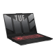 2023 TUF Gaming A17 Off center front view of the TUF A17, with the TUF logo on screen and the keyboard illuminated in red