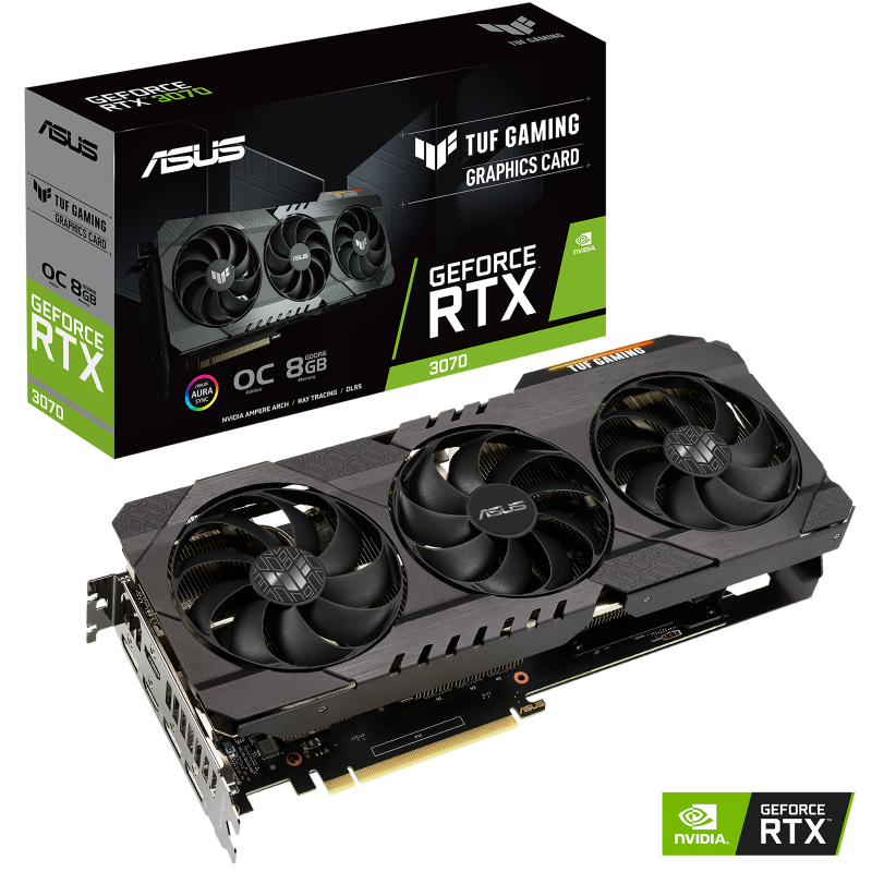 TUF Gaming GeForce RTX 3070 OC Edition Packaging and graphics card with NVIDIA logo