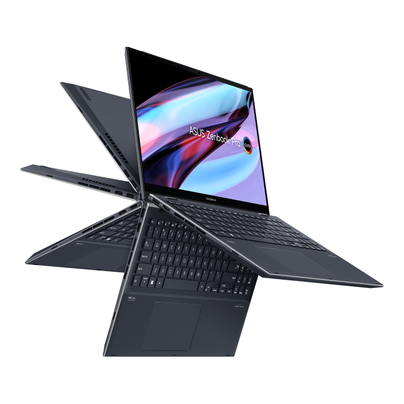 Zenbook Pro 15 Flip OLED ( UP6502, 12th Gen Intel) displays six flip angles from the 45-degree left side. 