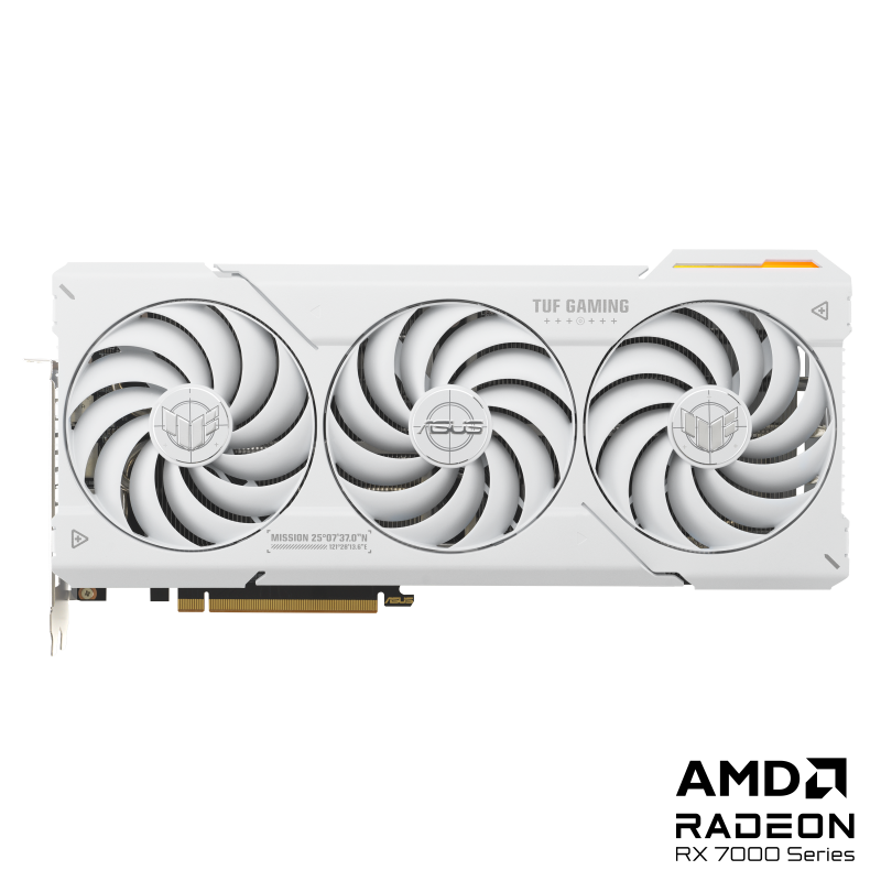 Front view of the TUF Gaming AMD Radeon RX RX 7800 XT White OC Edition graphics card with AMD logo