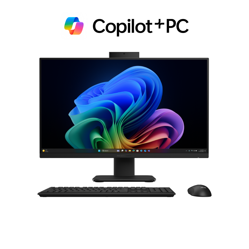 An ASUS ExpertCenter P600 AiO (PM670KA) in black paired with a keyboard and mouse with the text Copilot+ PC above it. 