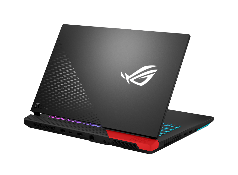 Off center rear view of the ROG Strix G15 Advantage Edition, with the lid raised to 45 degrees.