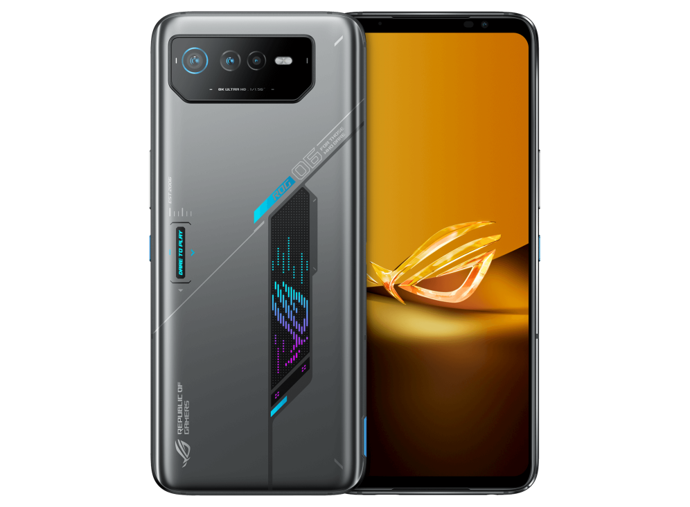 Two ROG Phone 6D angled view from both front and back