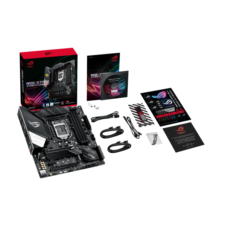 ROG STRIX Z490-G GAMING top view with what’s inside the box