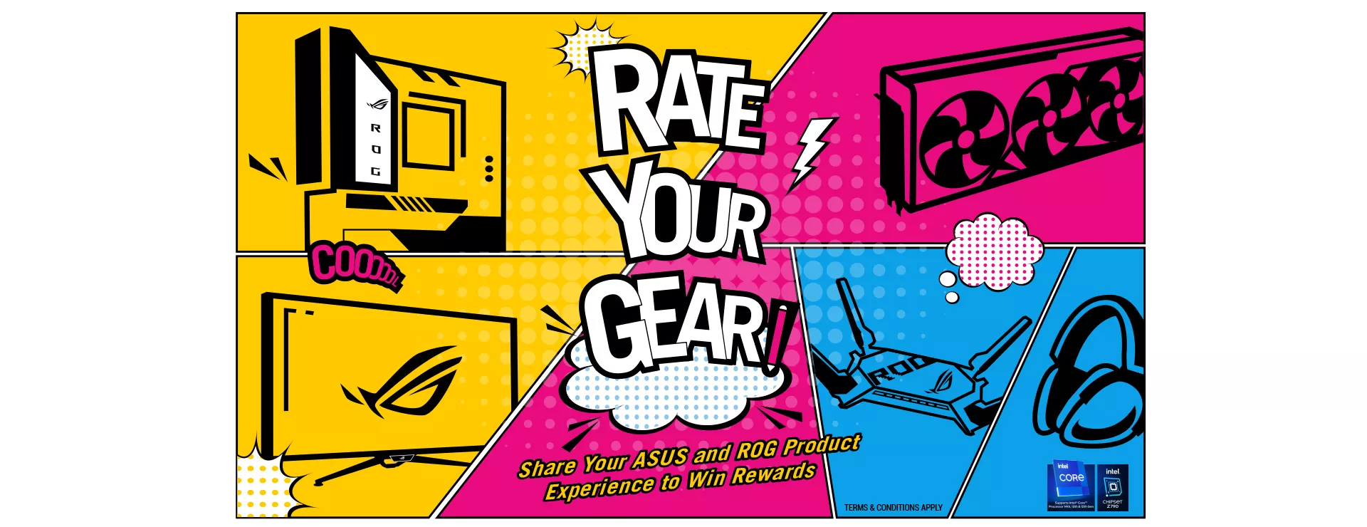 rate your gear campaign banner in comic style including motherboard, graphics card, monitor, router and headset with Intel badge on the bottom