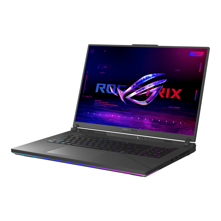 Off center shot of the front of the Strix G18, with the ROG Fearless Eye logo on screen
