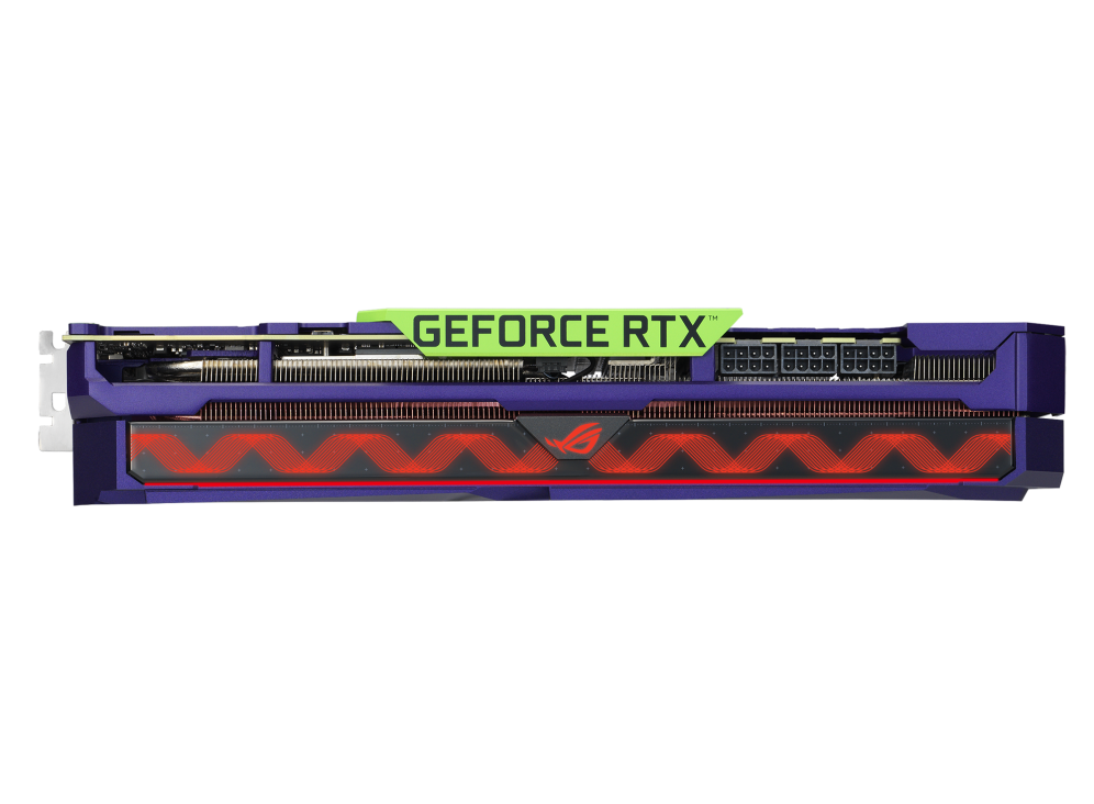 Top view of the ROG Strix GeForce RTX 3080 12GB EVA Edition graphics card, highlighting the ARGB element
