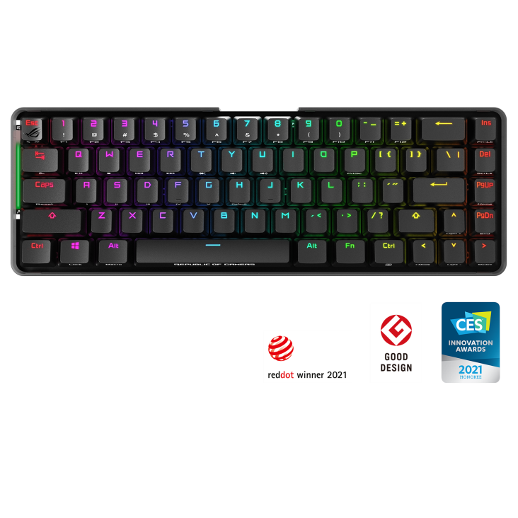 ROG Falchion front view with wrist rest and if design award and red dot winner logos