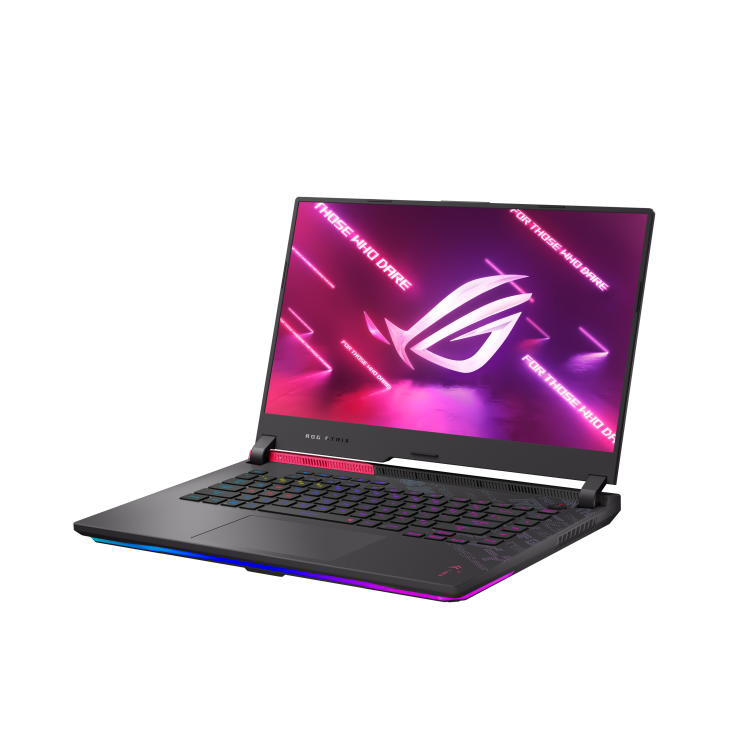 Profile view of the front of the Strix G15 with the lid closed, with emphasis on the RGB light bar.