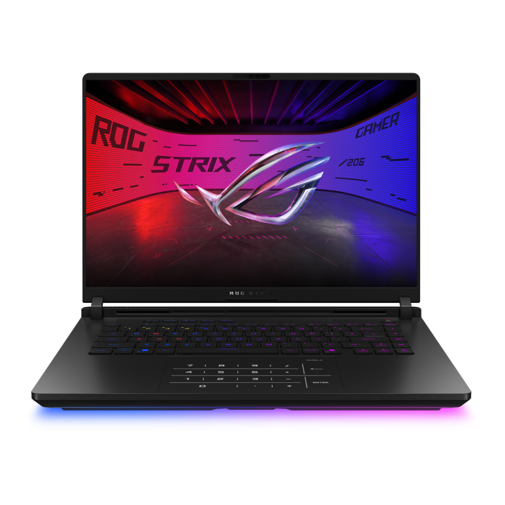 Front view of the Strix SCAR 16, with the ROG Fearless Eye logo visible on screen and the keyboard visible